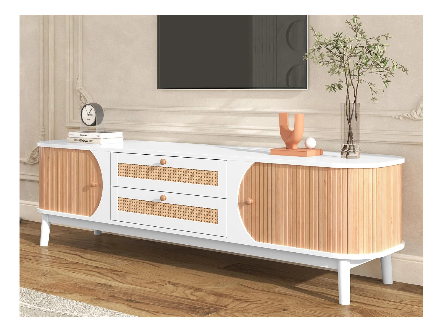 Meuble TV 170cm en bois massif et rotin - 2 tiroirs et 2 portes - style campagnard - naturel