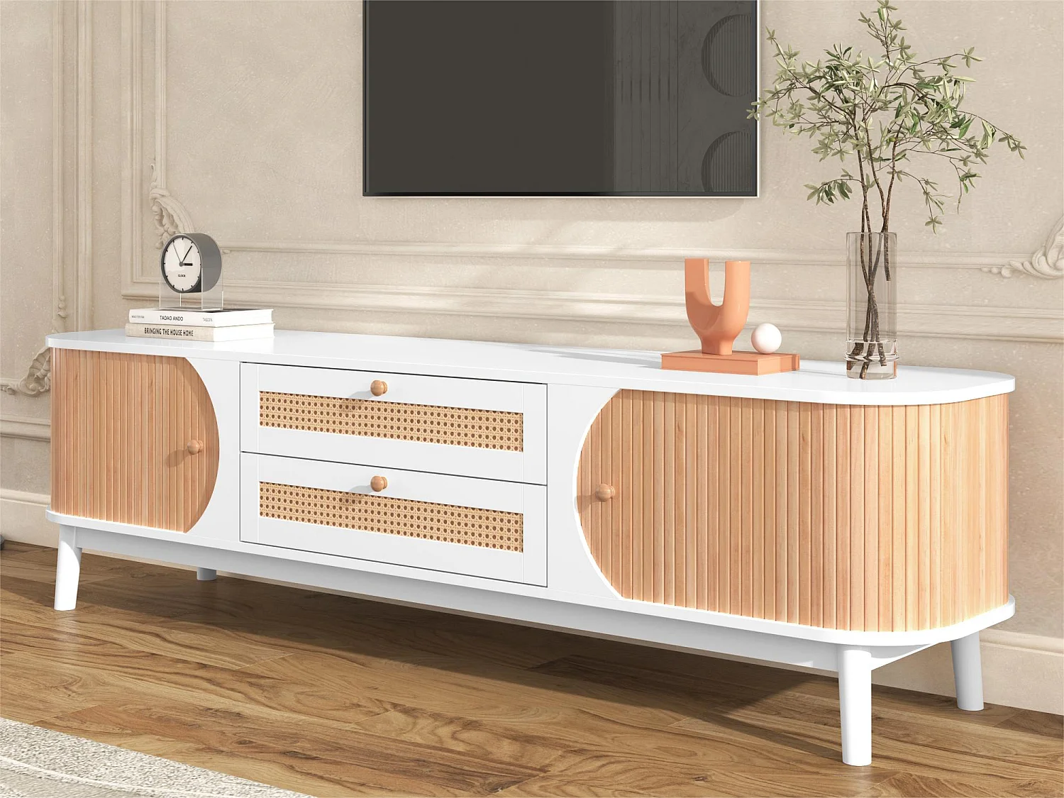 Mobile TV da 170 cm in legno massello e rattan - 2 cassetti e 2 ante - stile country - naturale