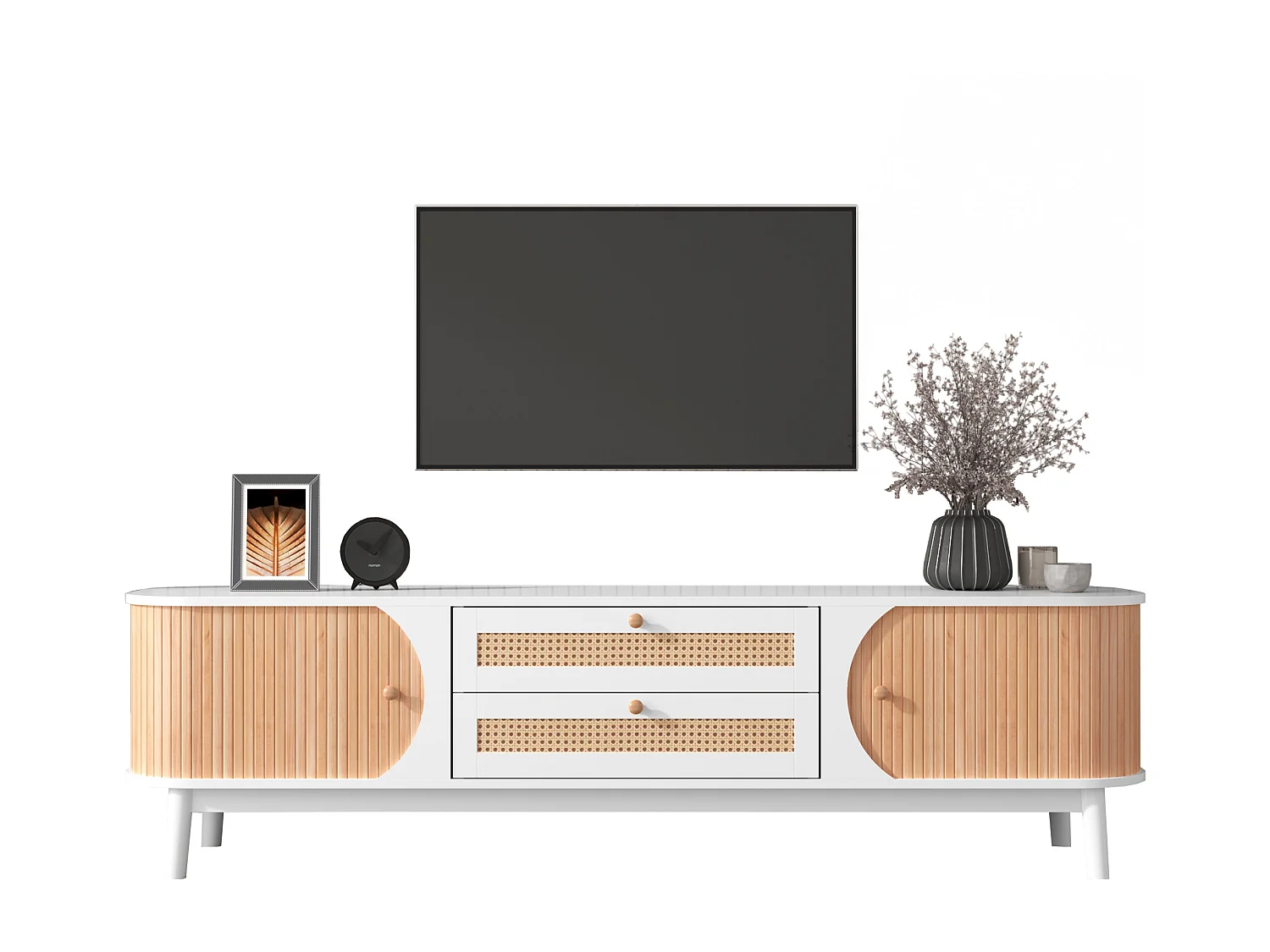 Mobile TV da 170 cm in legno massello e rattan - 2 cassetti e 2 ante - stile country - naturale