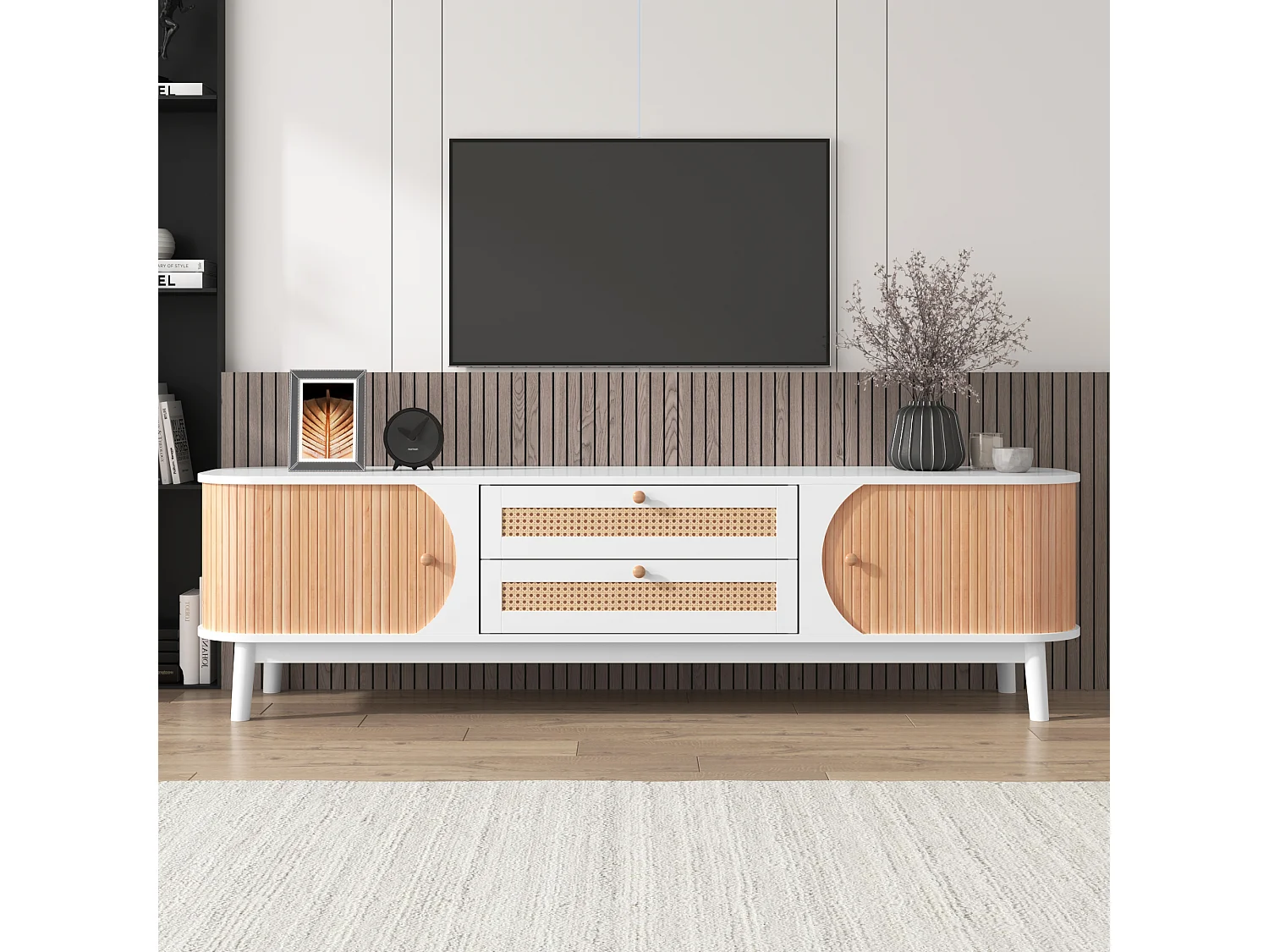 Mobile TV da 170 cm in legno massello e rattan - 2 cassetti e 2 ante - stile country - naturale