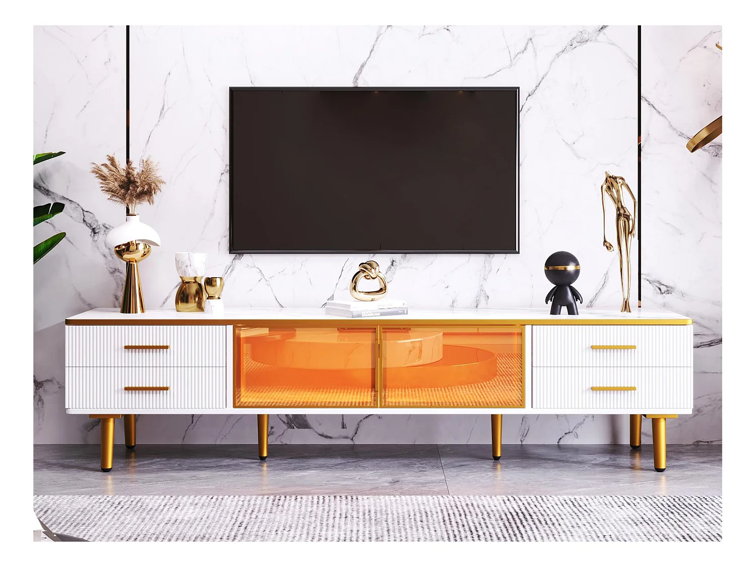 Meuble TV scandinave 170cm avec LED - 4 tiroirs - placage à motif en marbre - Blanc