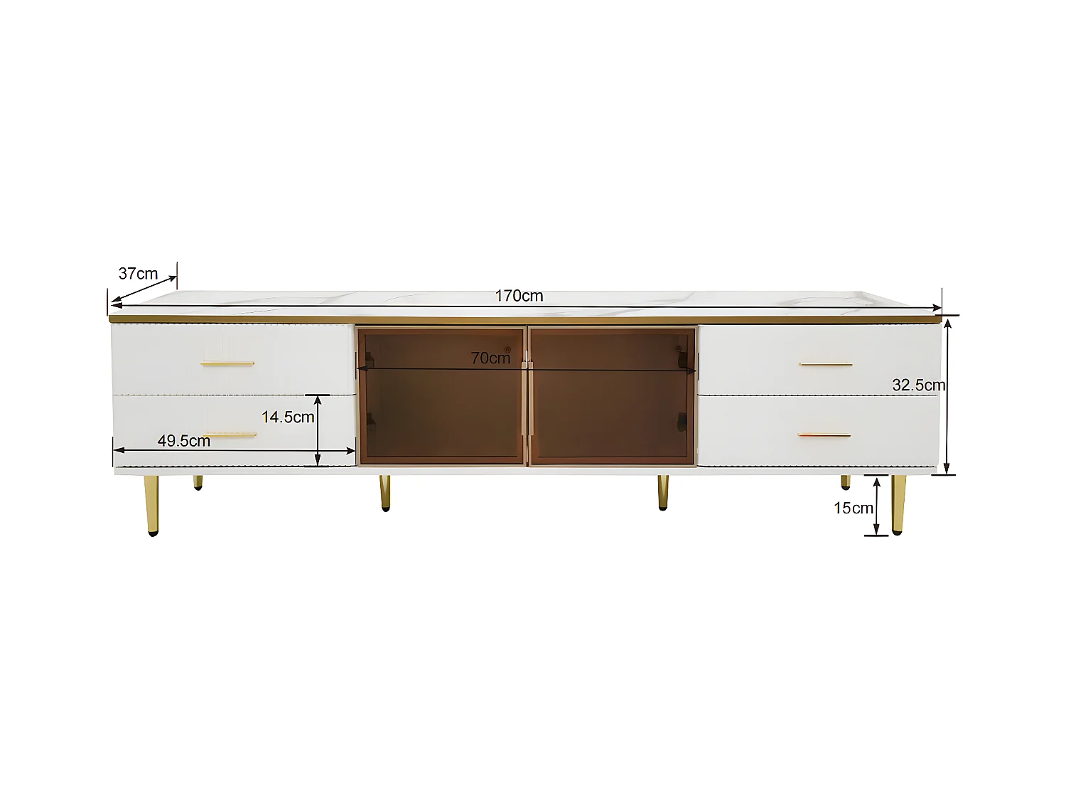 Mueble TV escandinavo 170 cm con LED - 4 cajones - chapa de mármol - Blanco