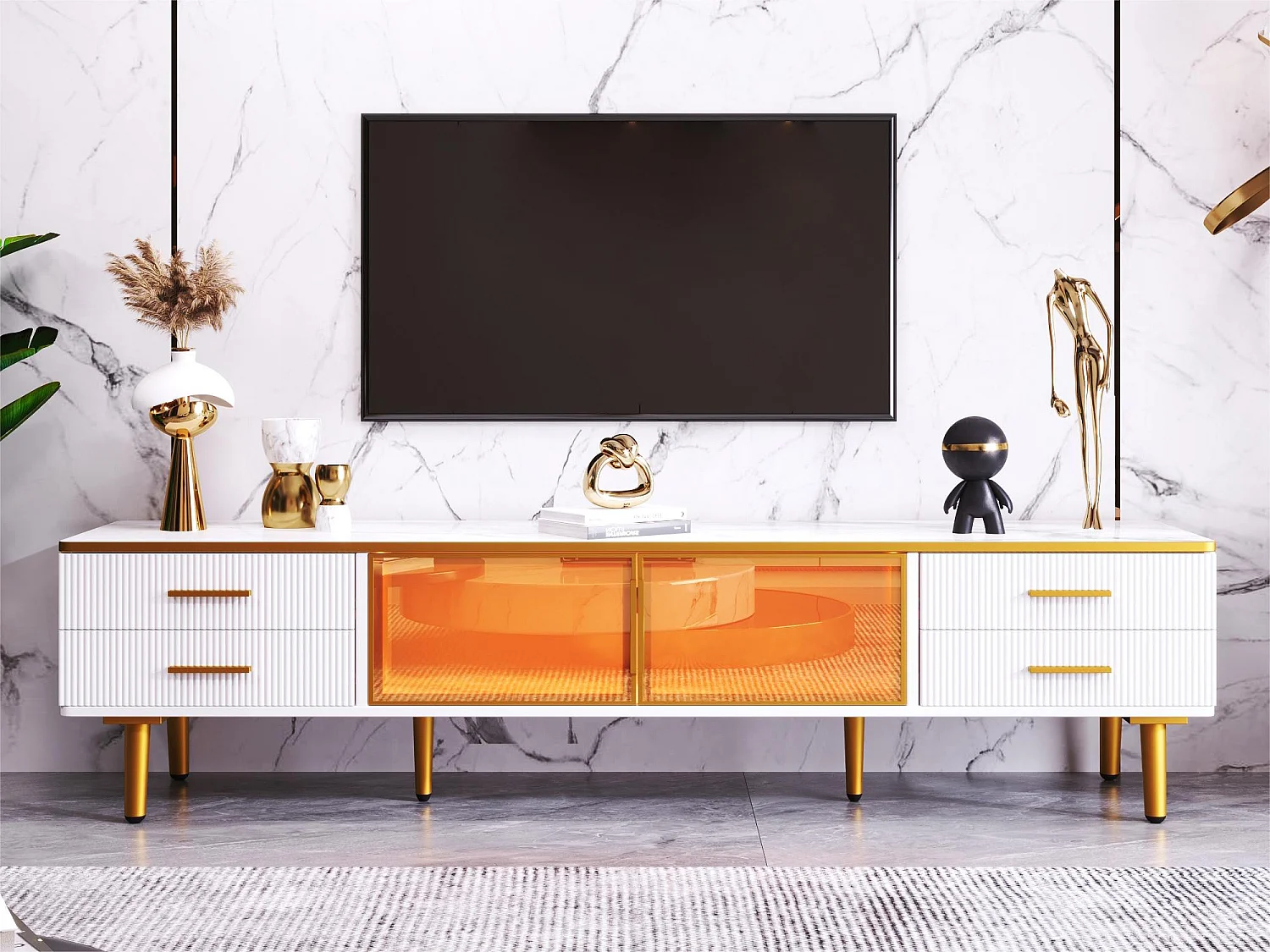 Scandinavisch TV-meubel 170cm met LED - 4 lades - marmerpatroon fineer - Wit