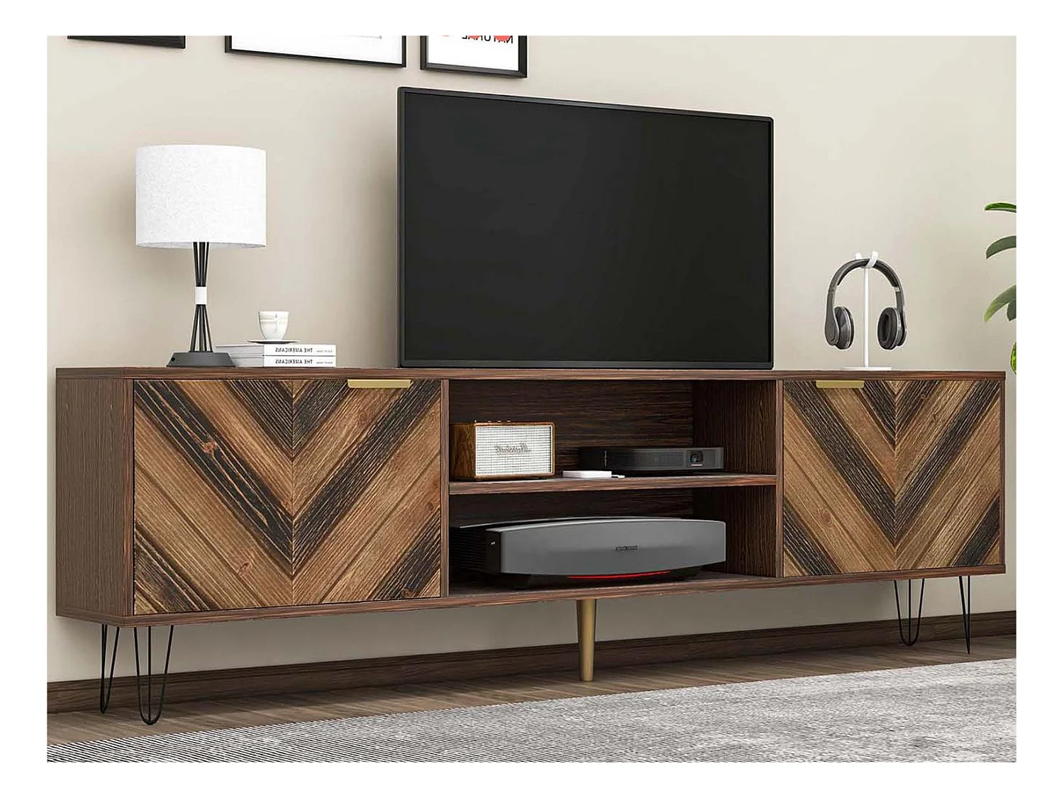 Meuble TV 160cm - 2 compartiments et 2 portes - en bois massif - Marron