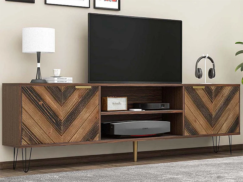 Meuble TV 160cm - 2 compartiments et 2 portes - en bois massif - Marron