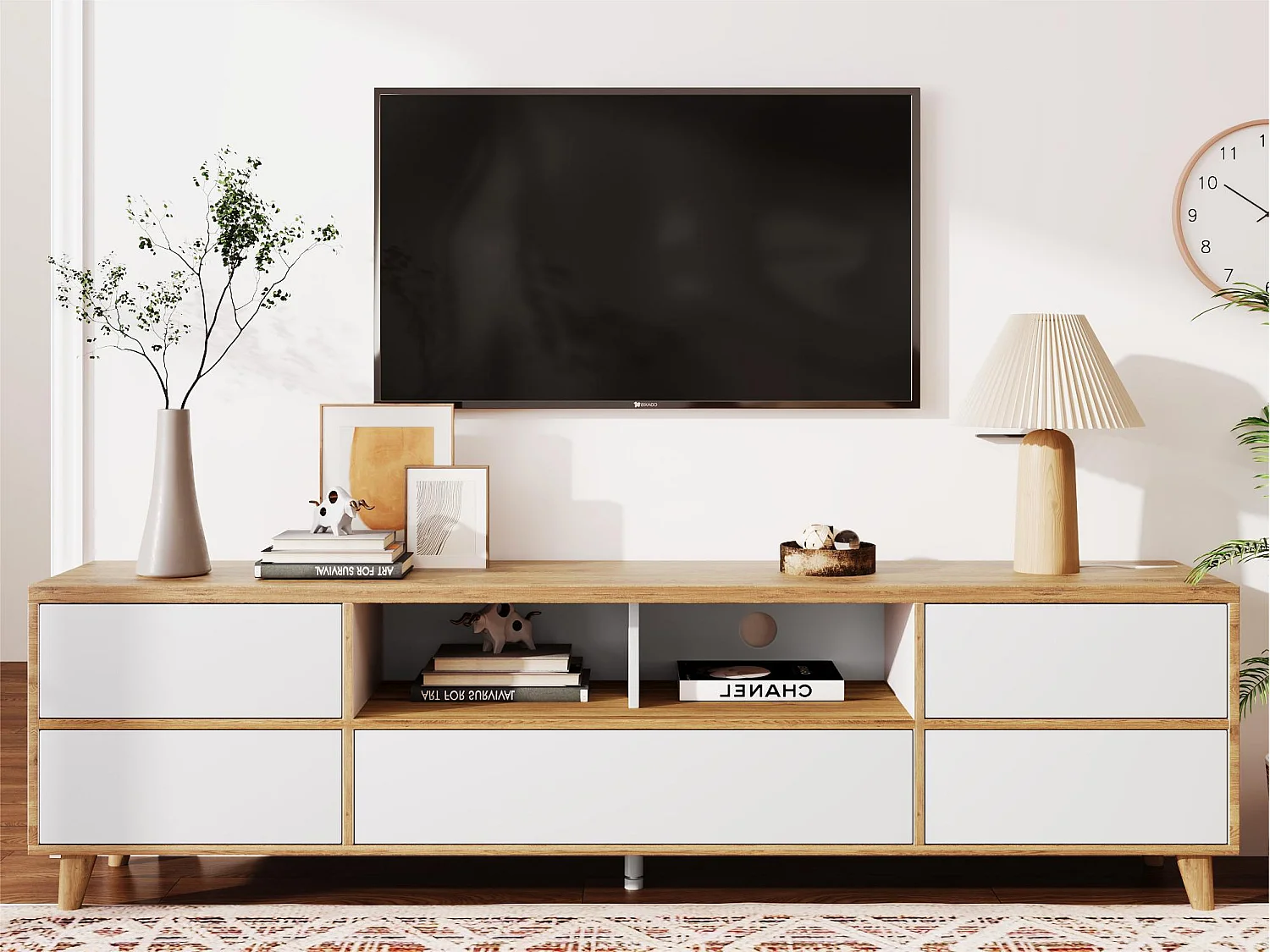 TV-meubel van 175 cm - 5 deuren + 2 vakken - eigentijdse stijl - Naturel en wit