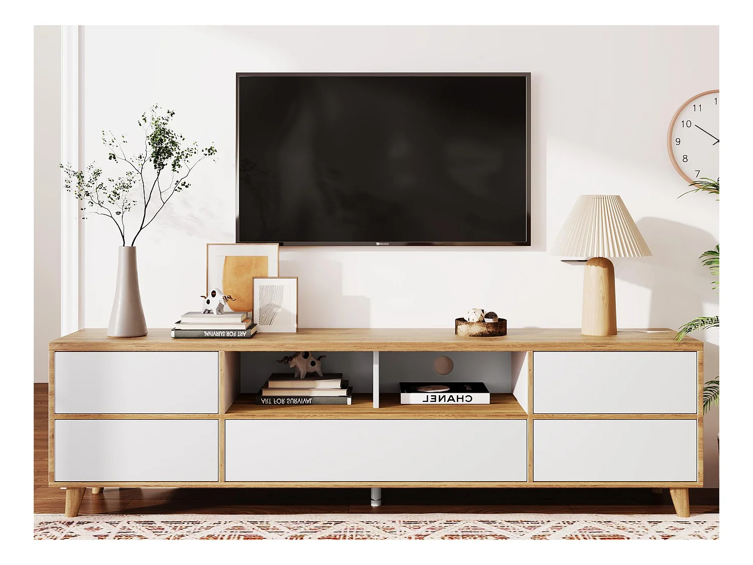 Meuble TV 175cm - 5 portes + 2 compartiments - style contemporain - Naturel & Blanc