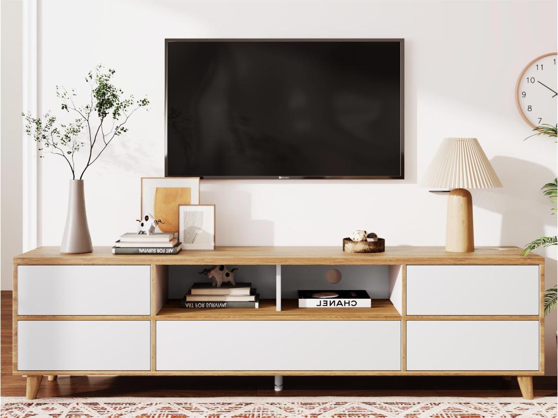 vente unique Meuble TV 175cm - 5 portes + 2 compartiments - style contemporain - Naturel & Blanc