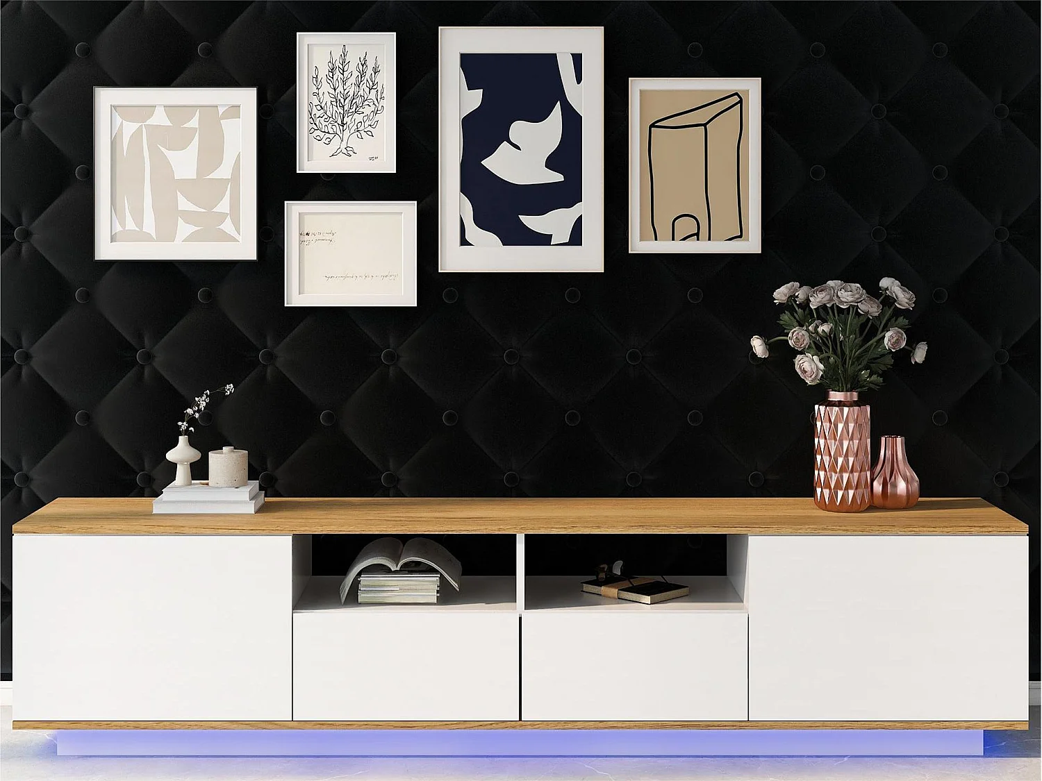 Meuble TV 180cm avec LED - 2 tiroirs et 2 étagères ouvertes - style contemporain scandinave - Blanc