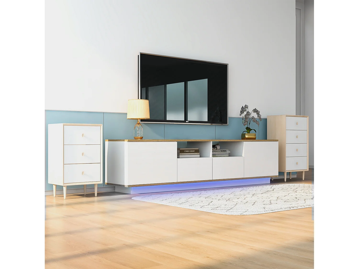 Meuble TV 180cm avec LED - 2 tiroirs et 2 étagères ouvertes - style contemporain scandinave - Blanc