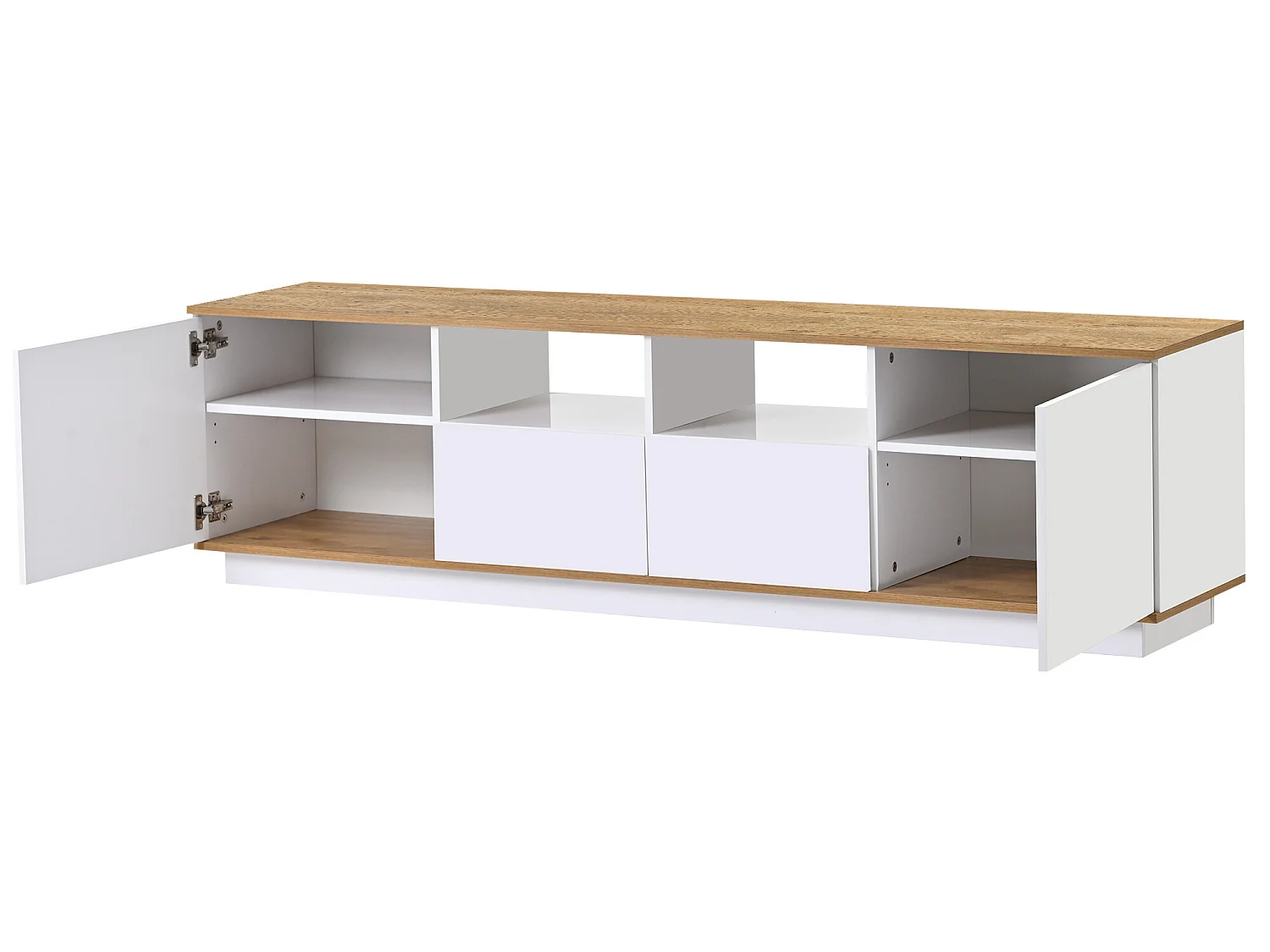 Meuble TV 180cm avec LED - 2 tiroirs et 2 étagères ouvertes - style contemporain scandinave - Blanc