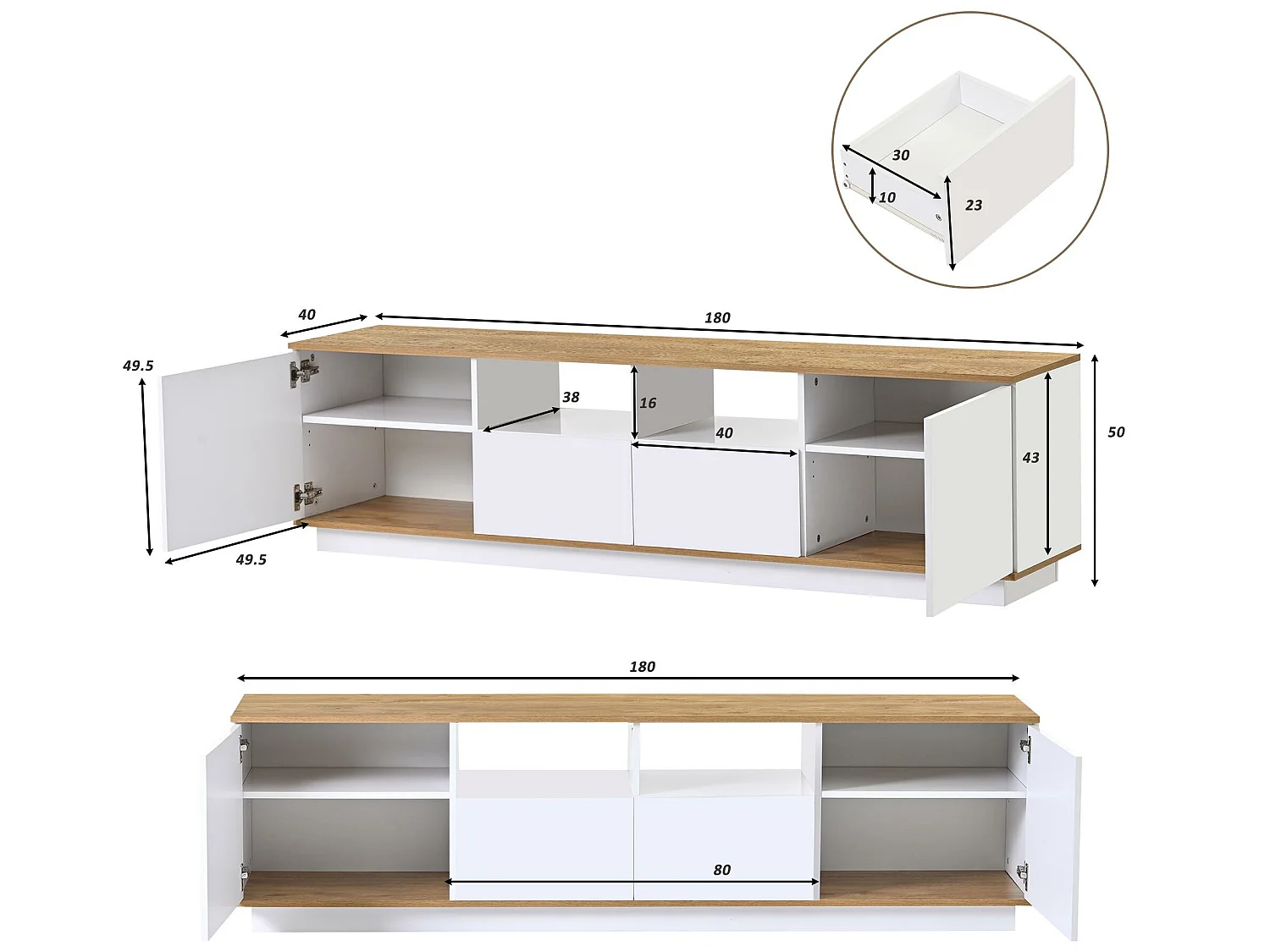 Meuble TV 180cm avec LED - 2 tiroirs et 2 étagères ouvertes - style contemporain scandinave - Blanc