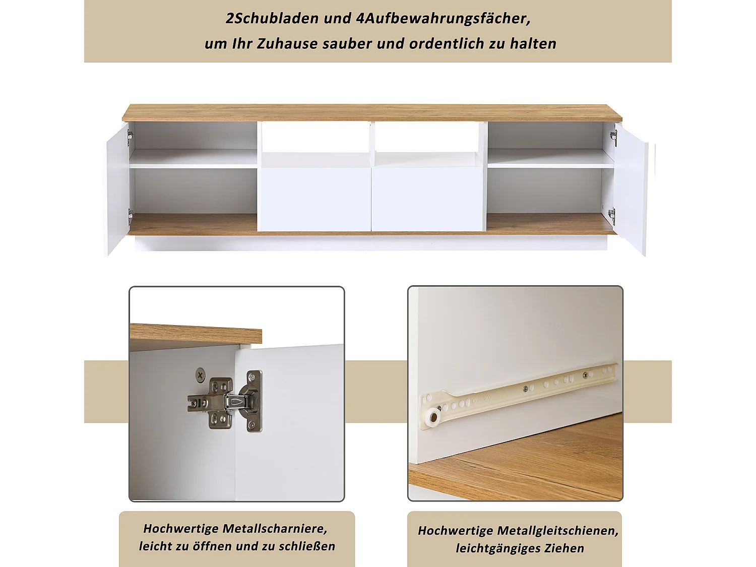 Meuble TV 180cm avec LED - 2 tiroirs et 2 étagères ouvertes - style contemporain scandinave - Blanc