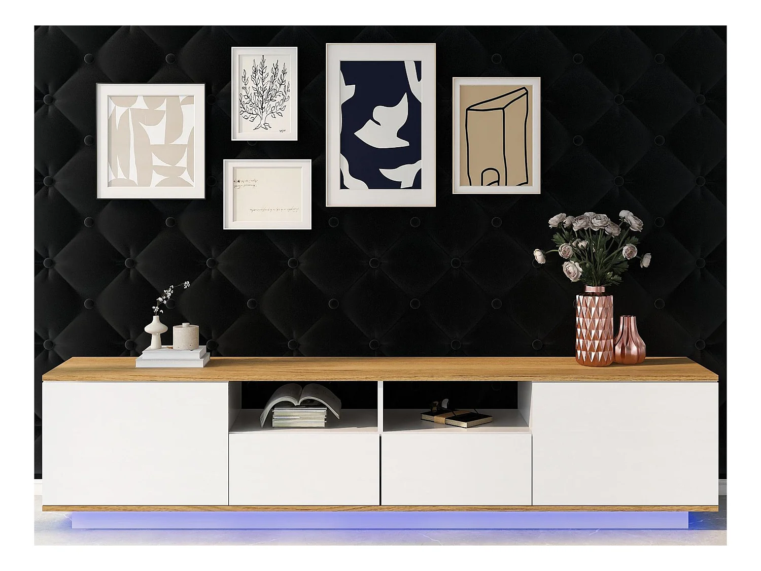 Meuble TV 180cm avec LED - 2 tiroirs et 2 étagères ouvertes - style contemporain scandinave - Blanc