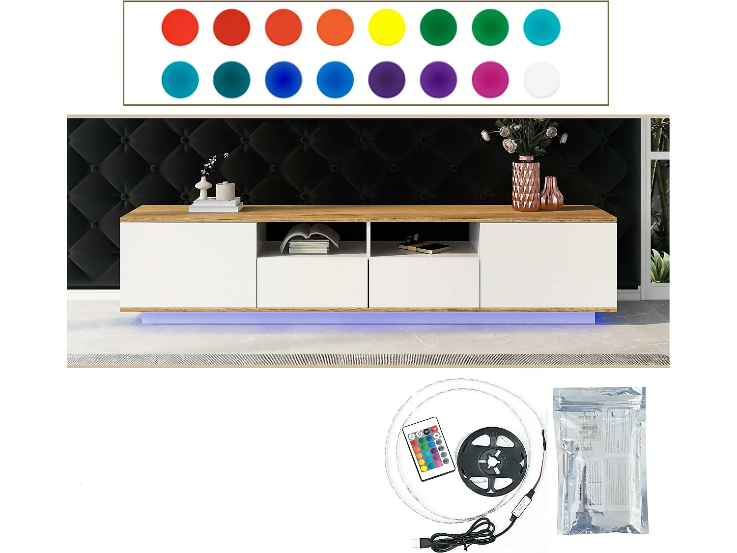 Meuble TV 180cm avec LED - 2 tiroirs et 2 étagères ouvertes - style contemporain scandinave - Blanc