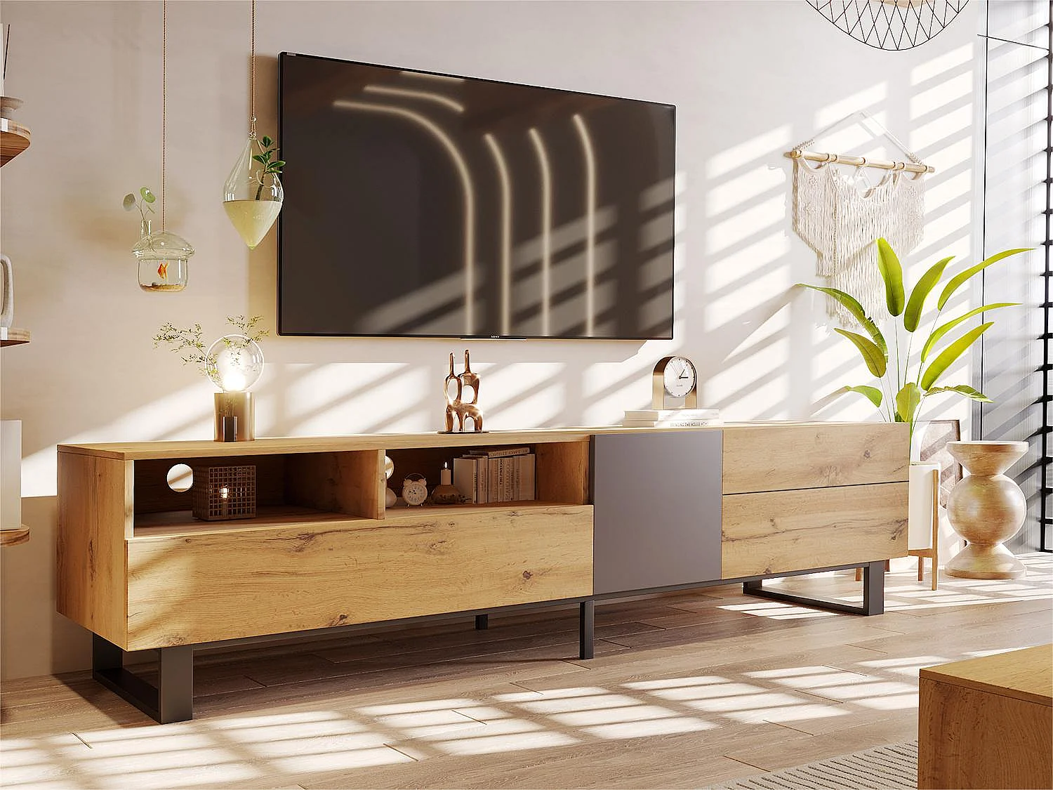 180 cm TV-Schrank – 2 Schubladen und 5 Fächer – Industriestil – Natur