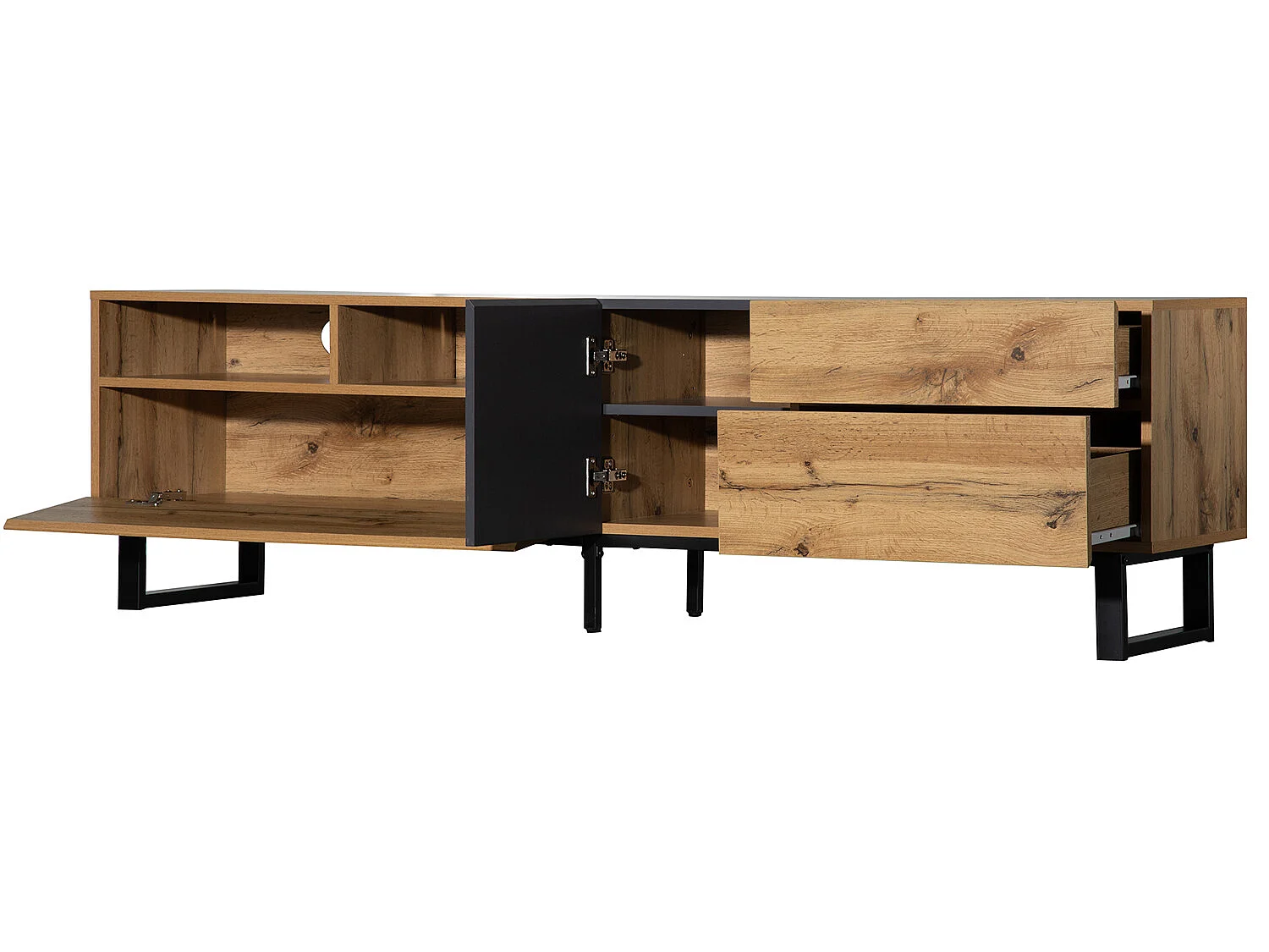 180 cm TV-Schrank – 2 Schubladen und 5 Fächer – Industriestil – Natur