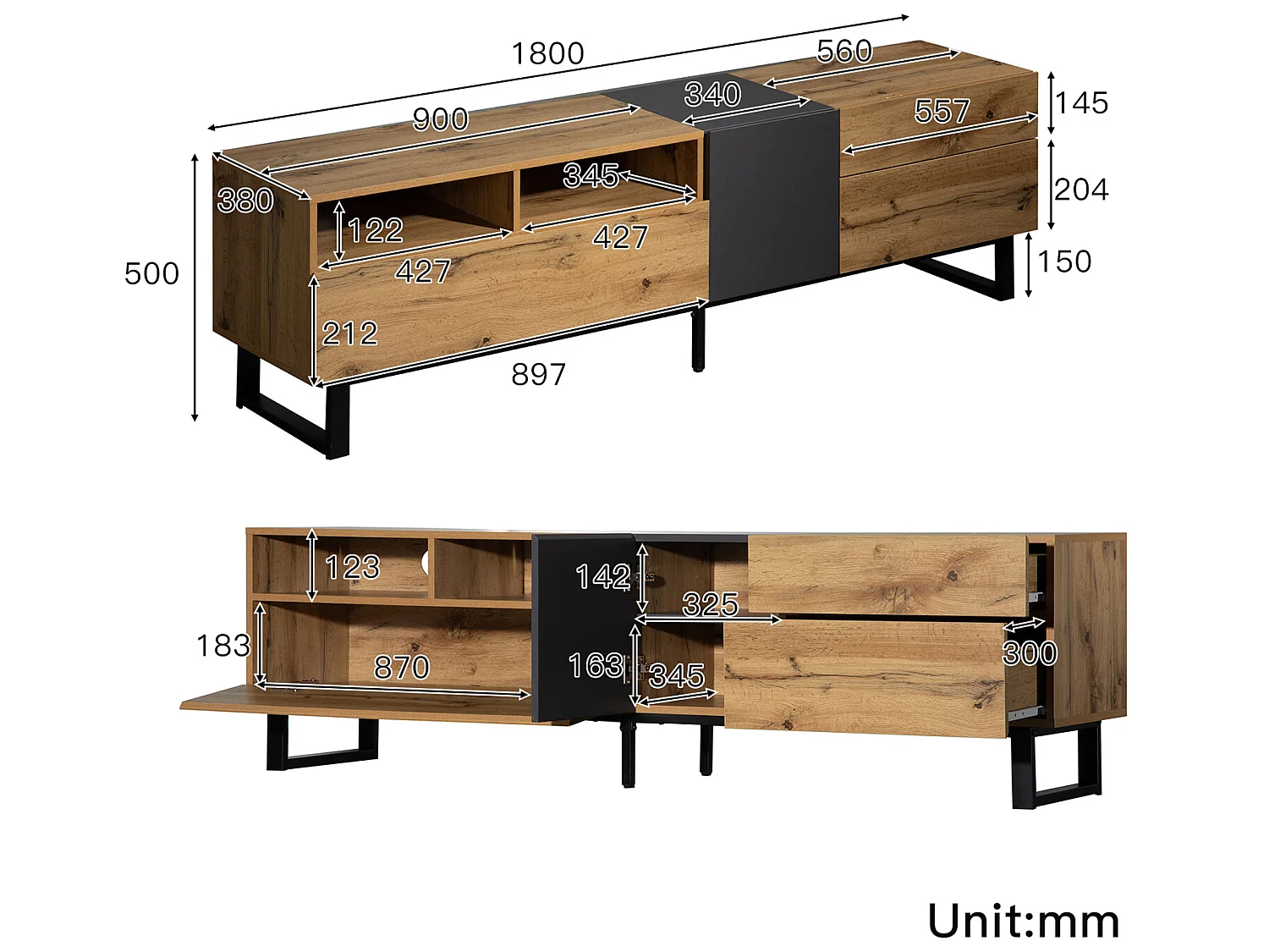 180 cm TV-Schrank – 2 Schubladen und 5 Fächer – Industriestil – Natur