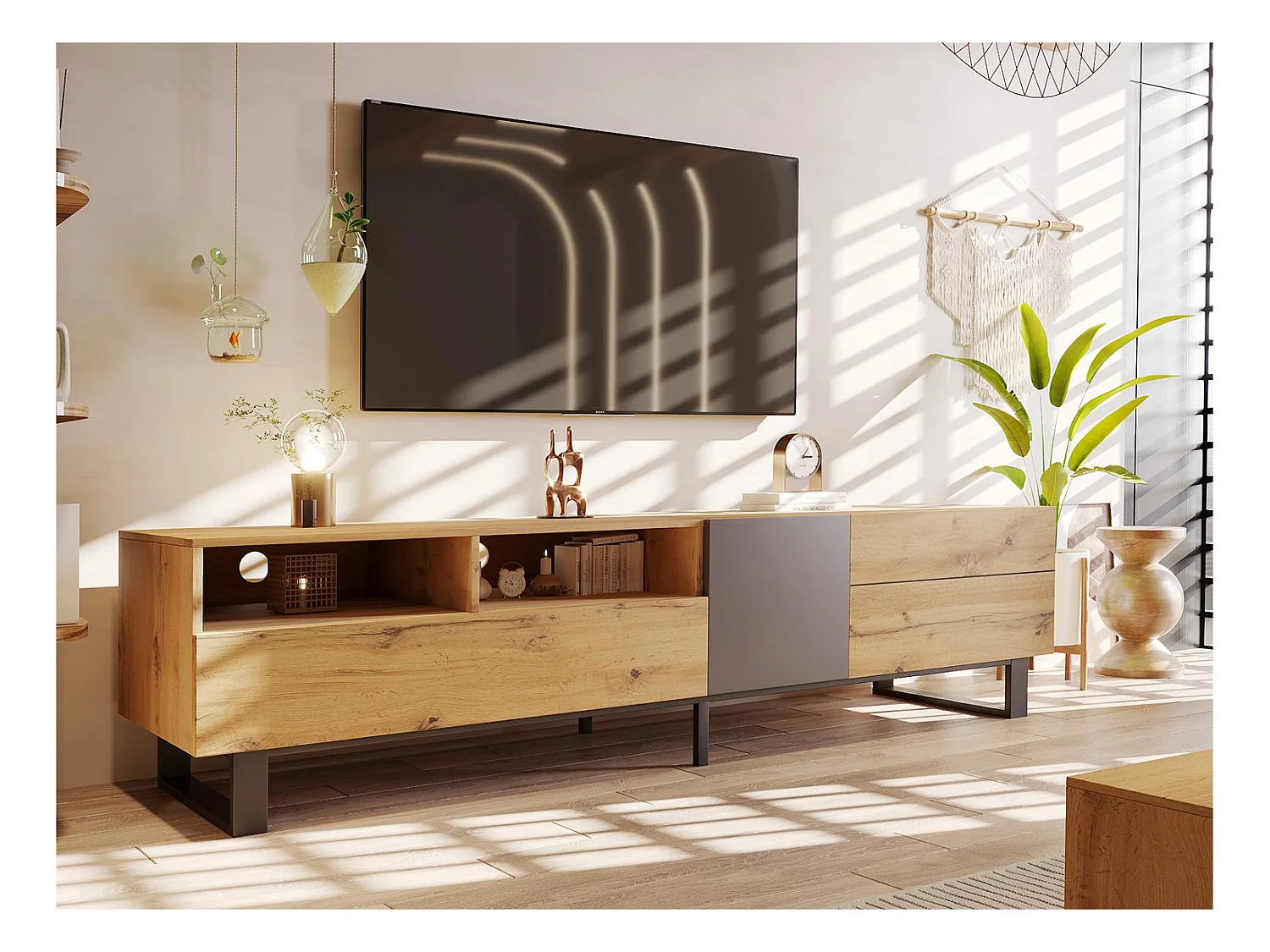 Meuble TV 180cm - 2 tiroirs & 5 compartiments - style industriel - Naturel