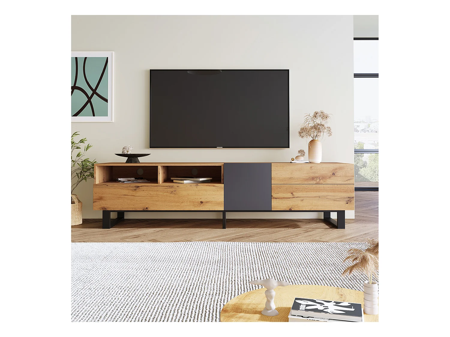 TV-meubel 180 cm - 2 lades & 5 vakken - industriële stijl - Naturel