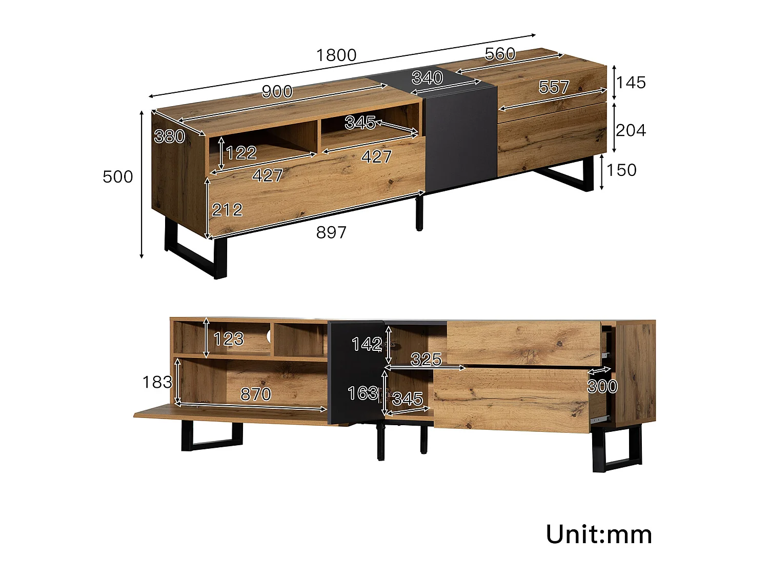 TV-meubel 180 cm - 2 lades & 5 vakken - industriële stijl - Naturel