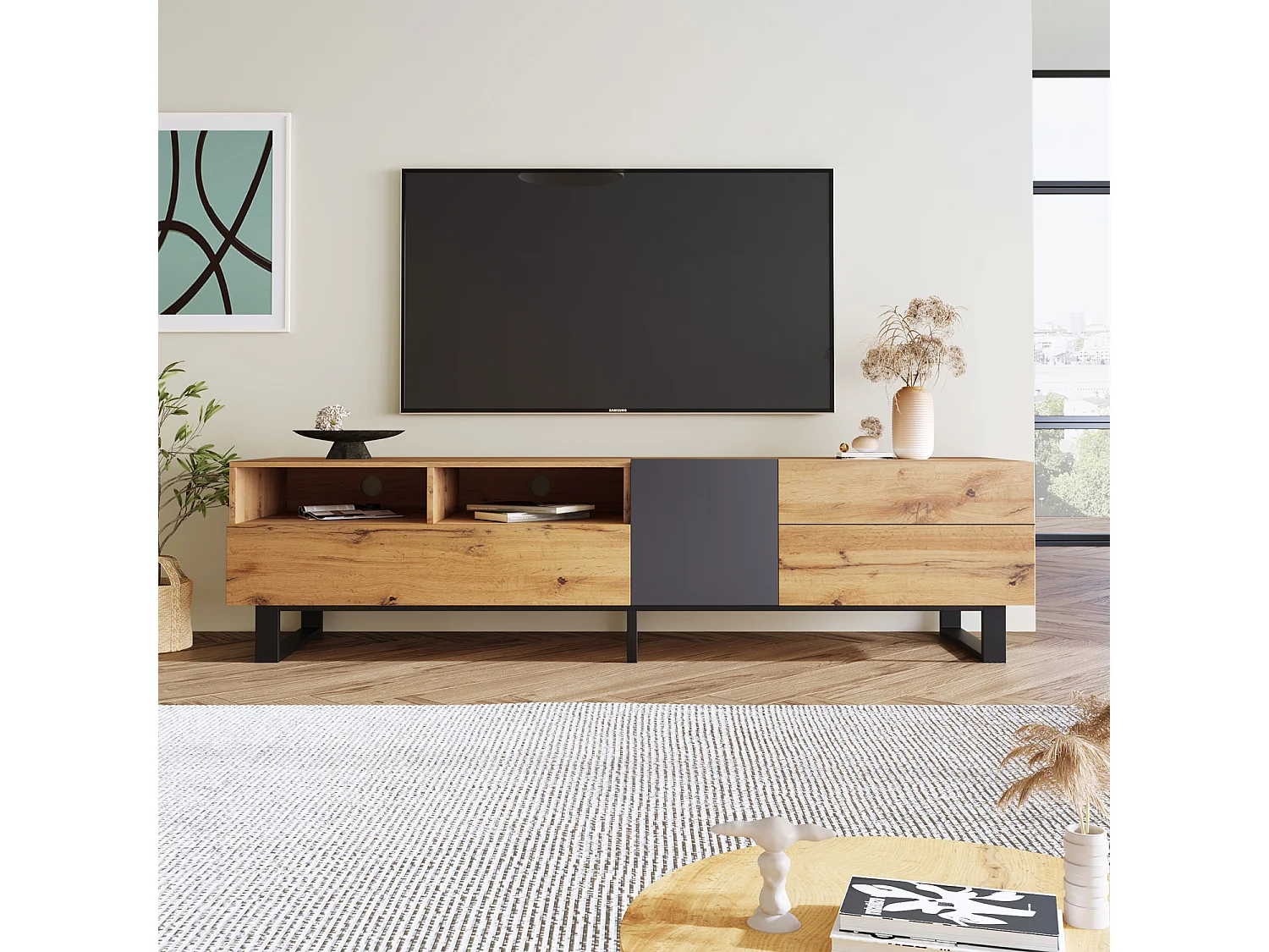 TV-meubel 180 cm - 2 lades & 5 vakken - industriële stijl - Naturel