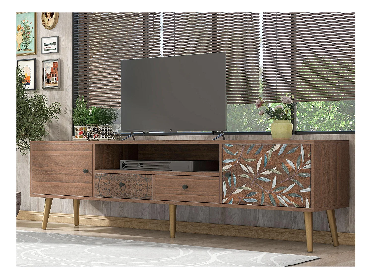 Meuble TV 180cm - 2 compartiments + 2 tiroirs - Marron
