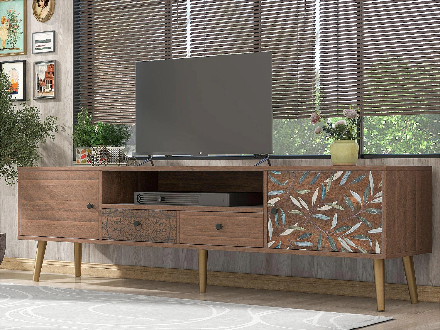 Meuble TV 180cm - 2 compartiments + 2 tiroirs - Marron