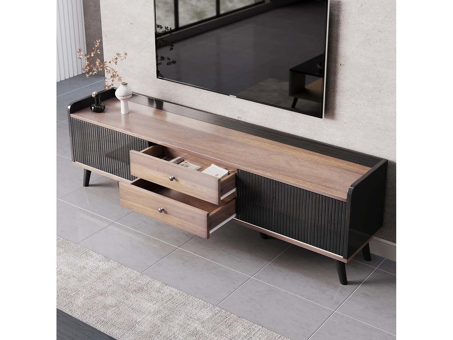 TV-meubel van 160 cm met 2 lades en 2 schuifdeuren - Zwart & Naturel