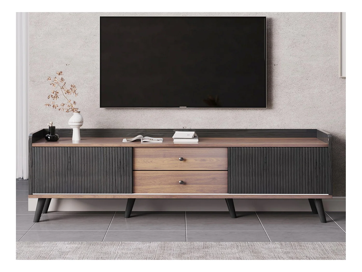 Meuble TV 160cm avec 2 tiroirs et 2 portes coulissantes - Noir & Naturel