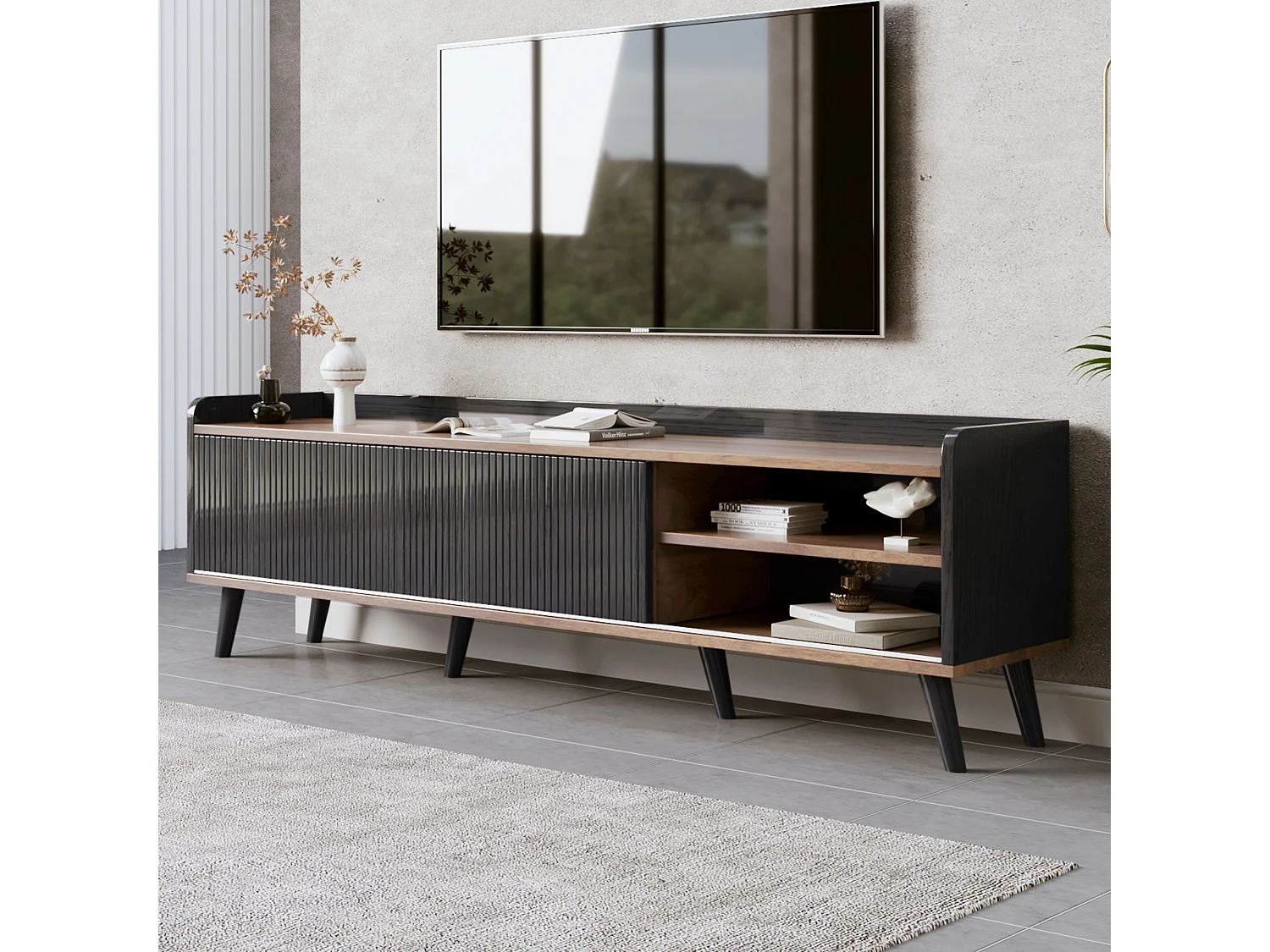 Meuble TV 160cm avec 2 tiroirs et 2 portes coulissantes - Noir & Naturel