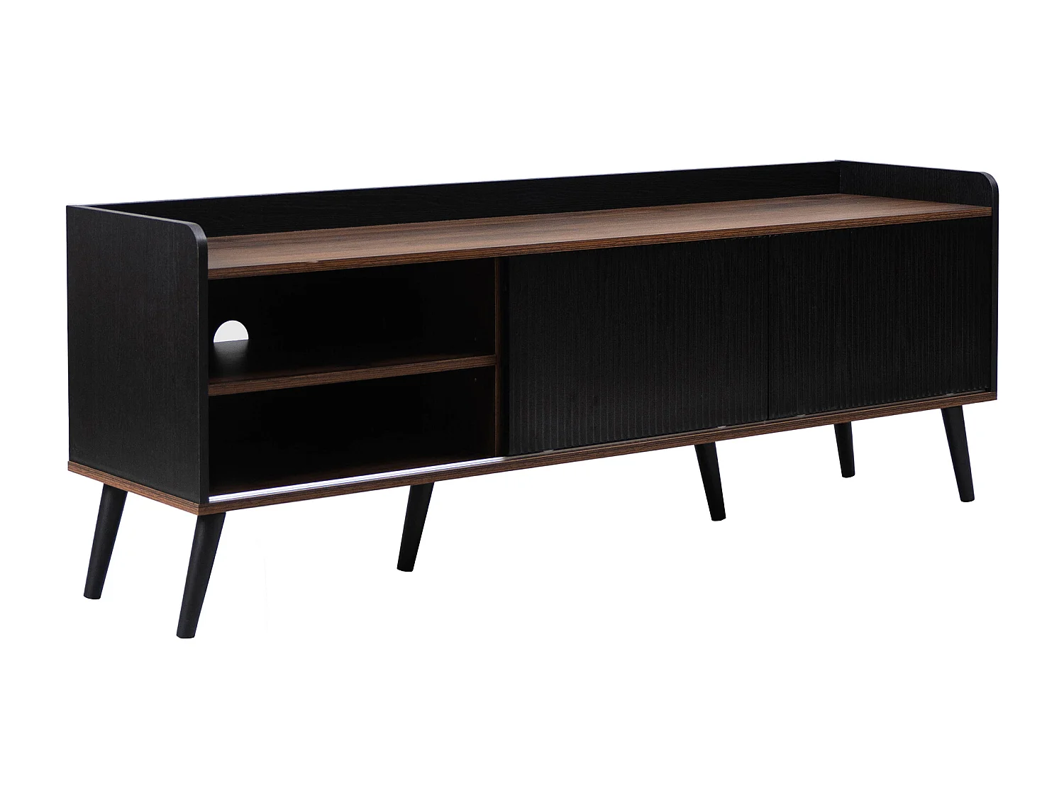 Meuble TV 160cm avec 2 tiroirs et 2 portes coulissantes - Noir & Naturel