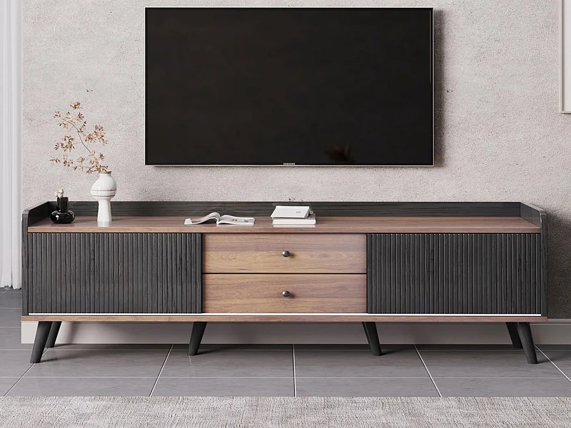 Meuble TV 160cm avec 2 tiroirs et 2 portes coulissantes - Noir & Naturel