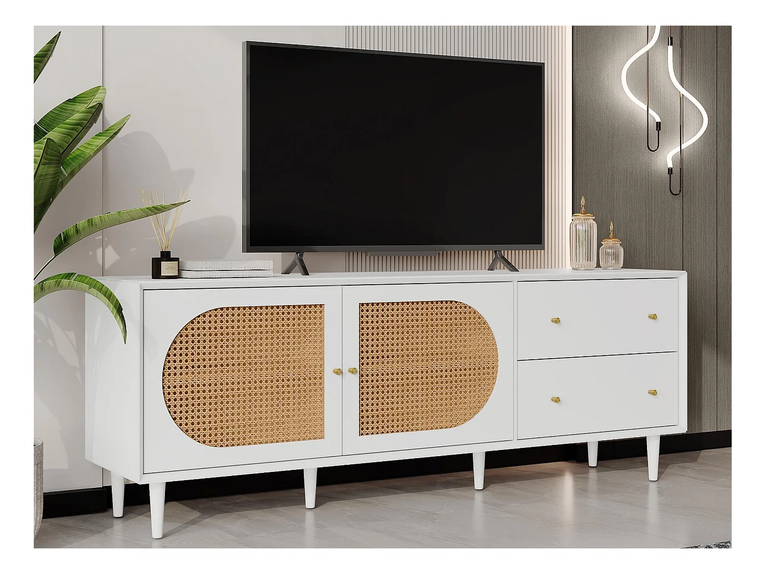 Meuble TV 180cm - 2 tiroirs - pieds en bois massif - Blanc