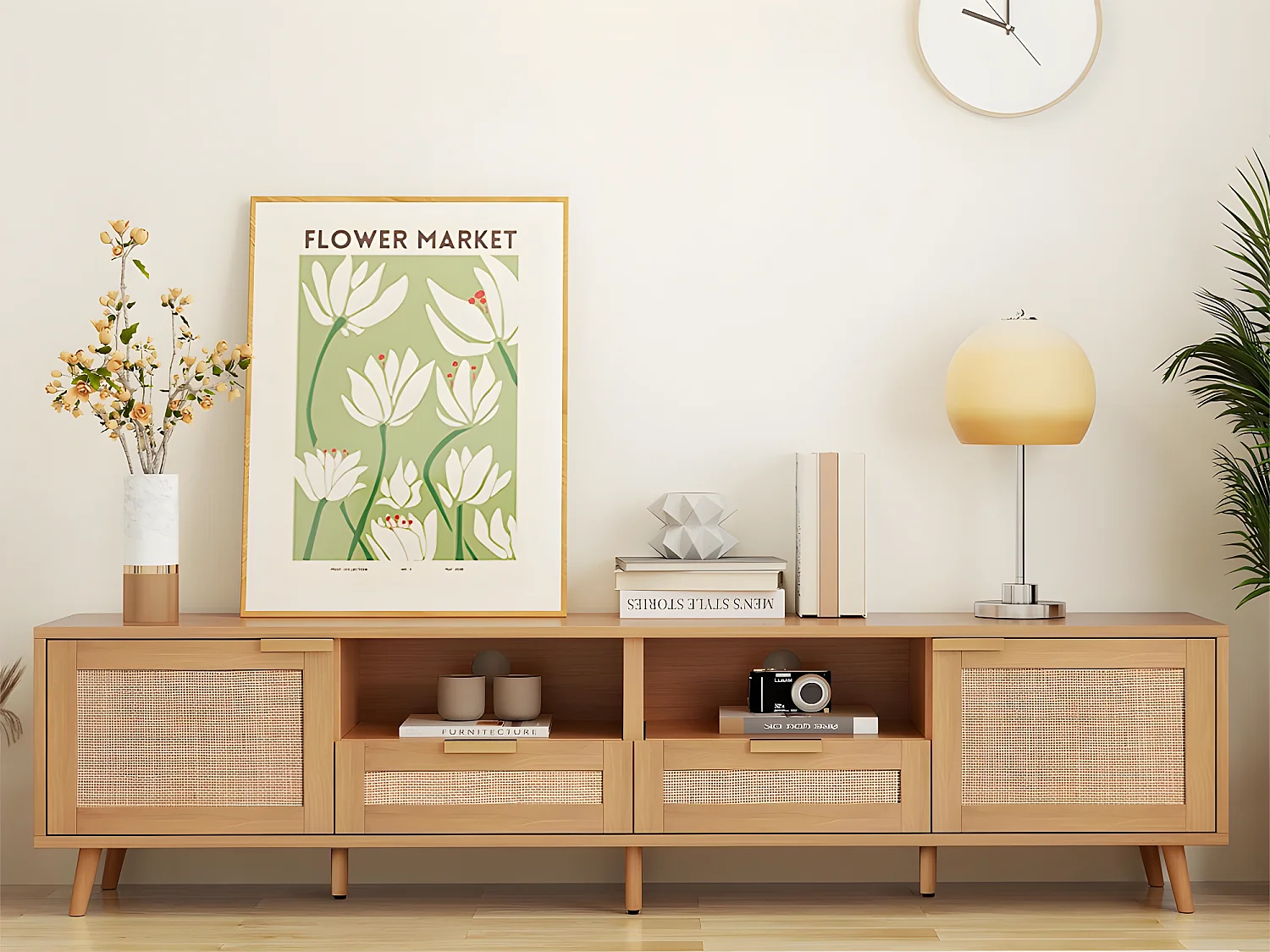 Meuble TV 200cm MDF - 2 portes et 2 compartiments - style campagnard - Naturel