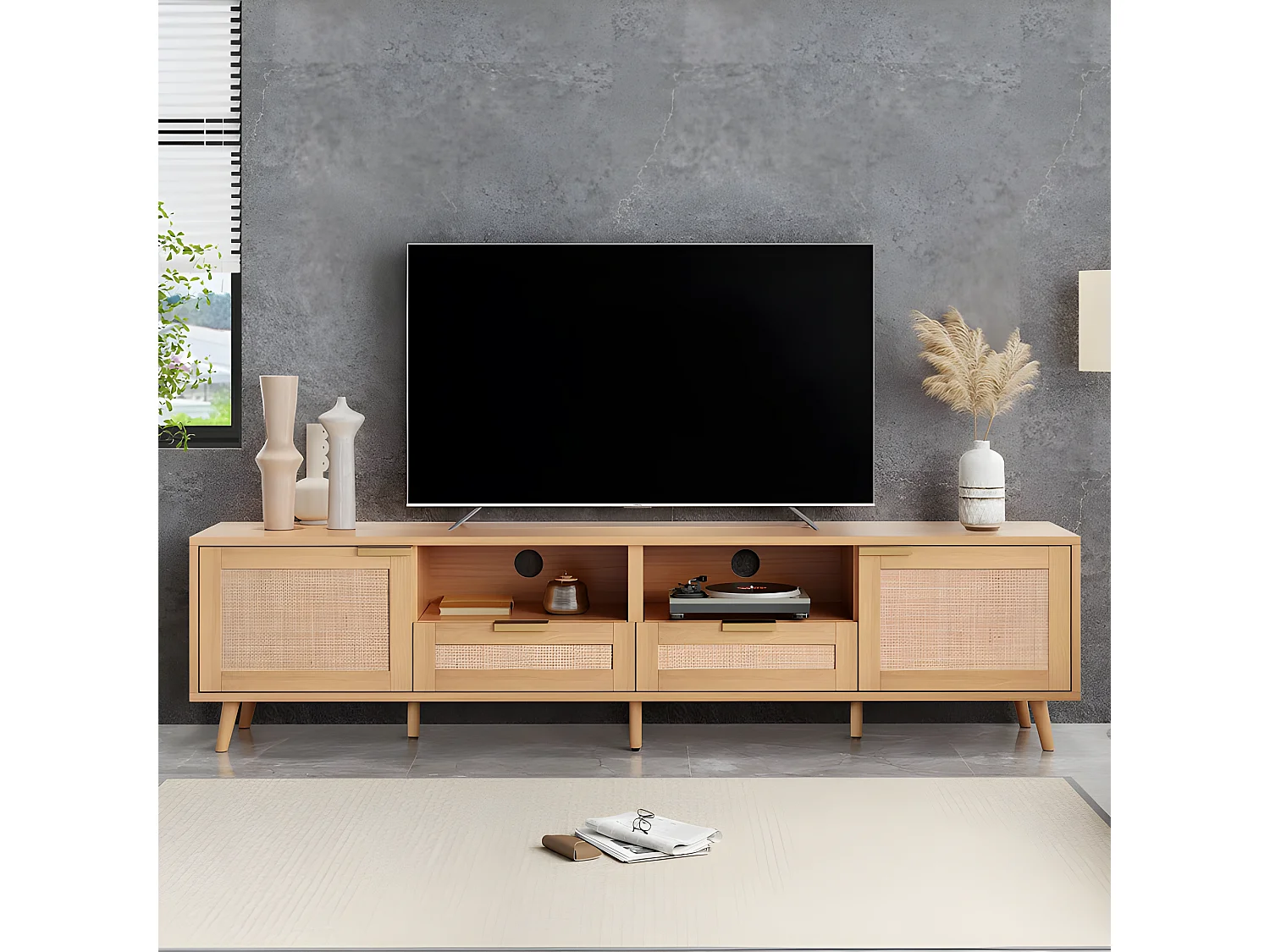 Meuble TV 200cm MDF - 2 portes et 2 compartiments - style campagnard - Naturel