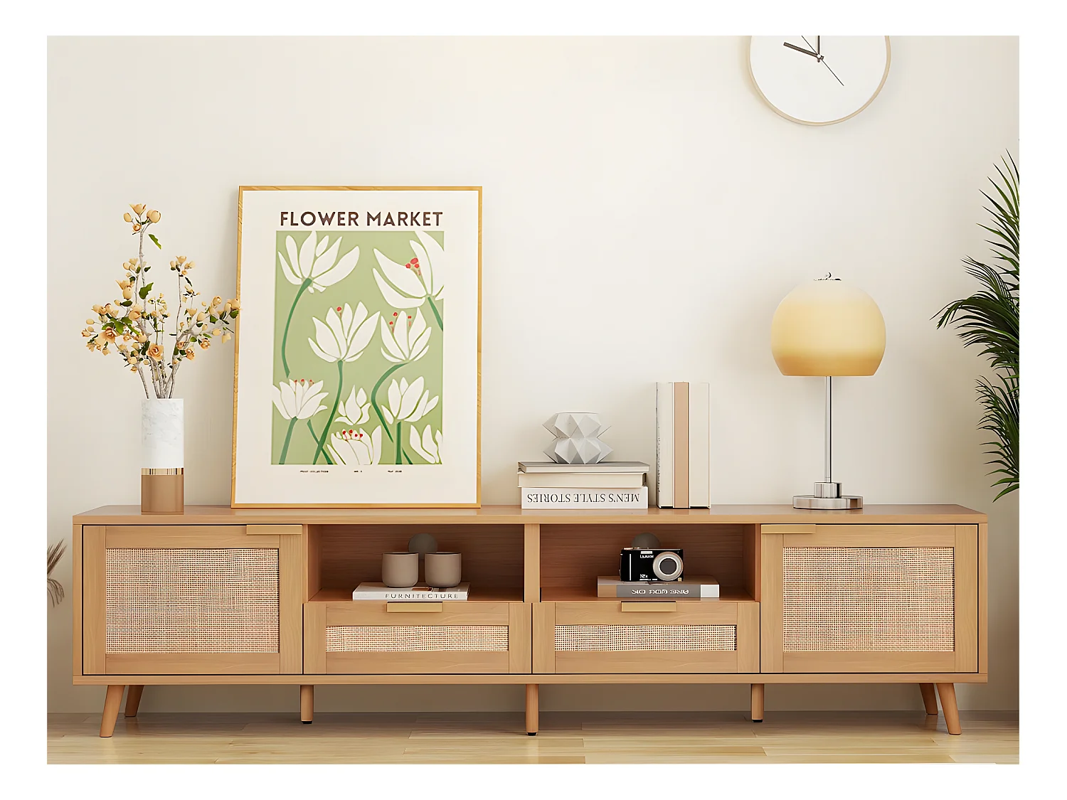 Meuble TV 200cm MDF - 2 portes et 2 compartiments - style campagnard - Naturel