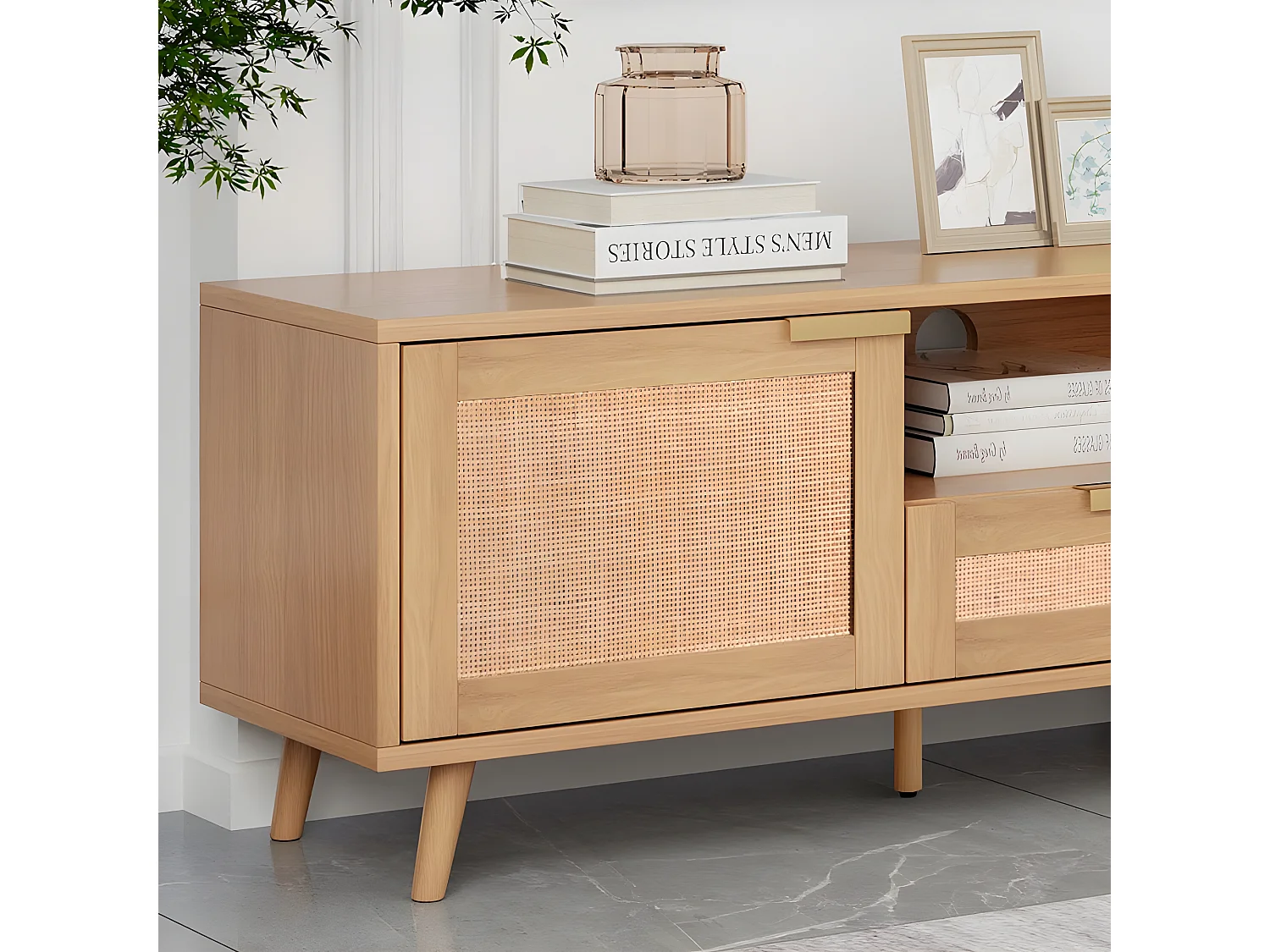 Meuble TV 200cm MDF - 2 portes et 2 compartiments - style campagnard - Naturel