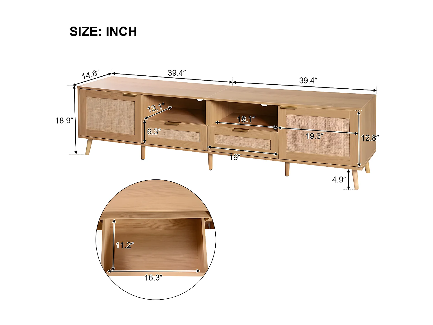 Meuble TV 200cm MDF - 2 portes et 2 compartiments - style campagnard - Naturel