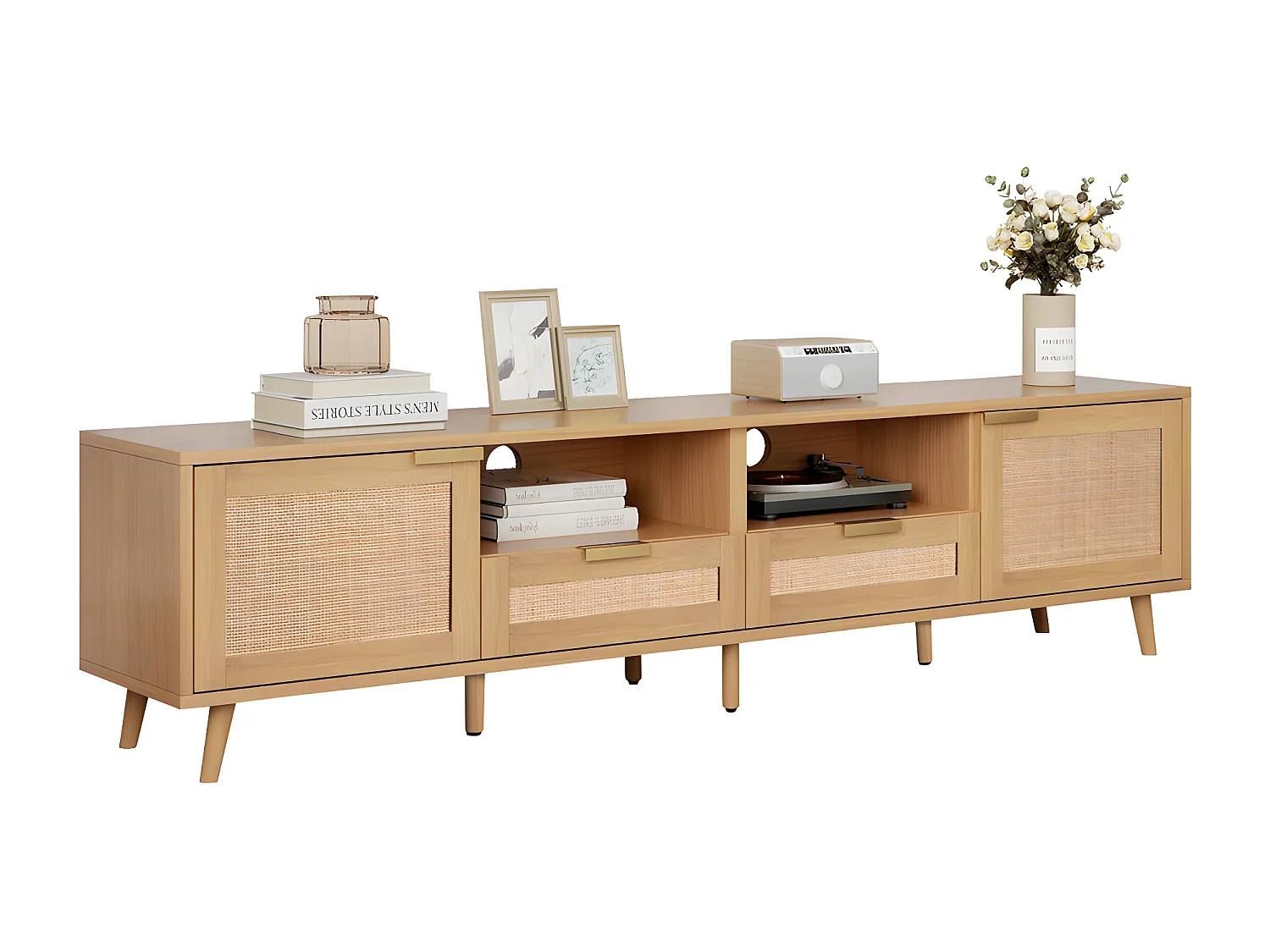 Meuble TV 200cm MDF - 2 portes et 2 compartiments - style campagnard - Naturel