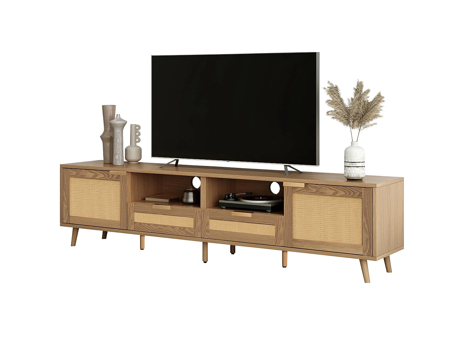 Meuble TV 200cm MDF - 2 portes et 2 compartiments - style campagnard - Naturel