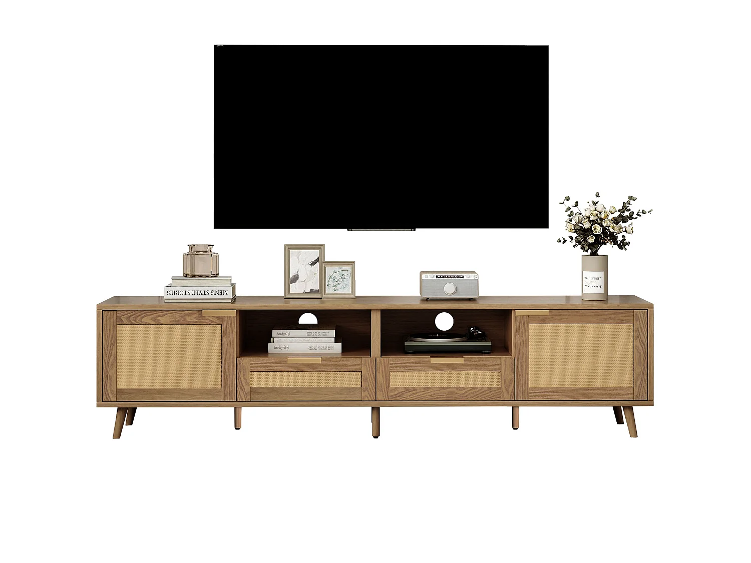 Meuble TV 200cm MDF - 2 portes et 2 compartiments - style campagnard - Naturel