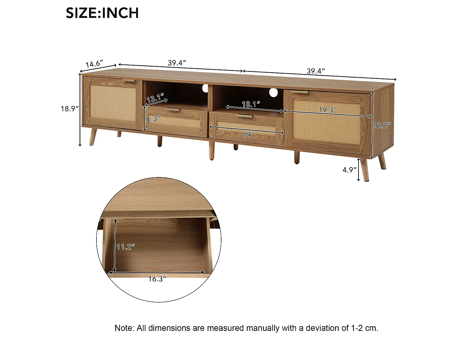 Meuble TV 200cm MDF - 2 portes et 2 compartiments - style campagnard - Naturel