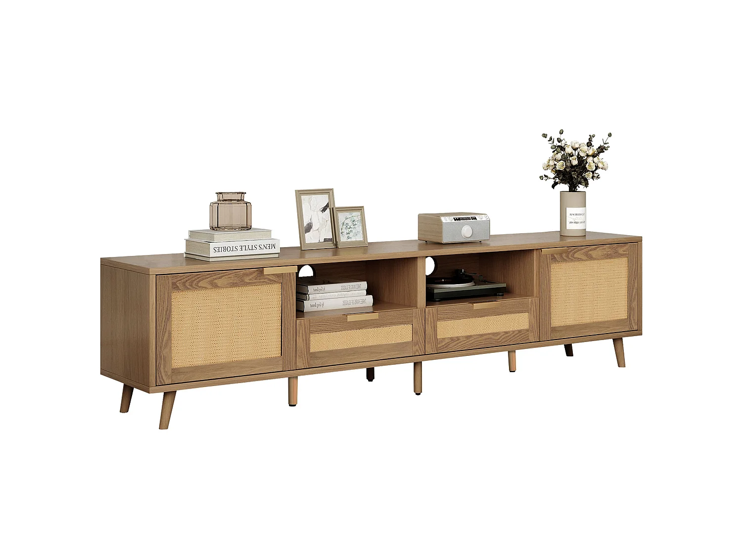 Meuble TV 200cm MDF - 2 portes et 2 compartiments - style campagnard - Naturel