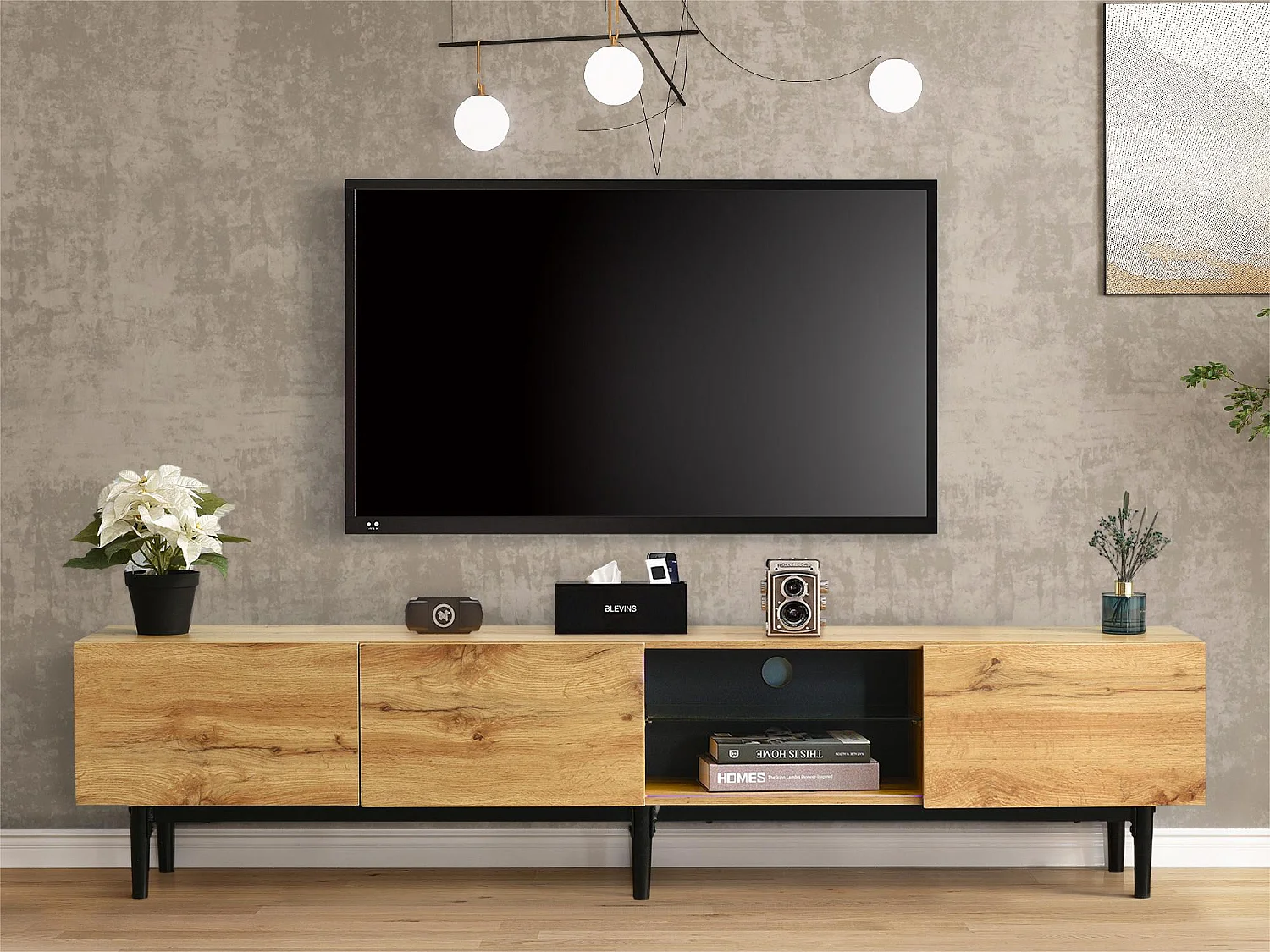 TV-meubel van 175 cm met LED - 3 deuren + 2 planken - industriële stijl - Naturel