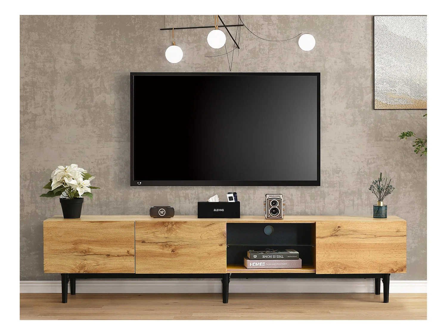 Meuble TV 175cm avec LED - 3 portes + 2 étagères - style industriel - Naturel