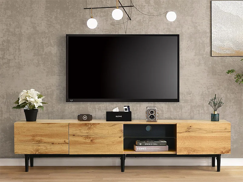 Meuble TV 175cm avec LED - 3 portes + 2 étagères - style industriel - Naturel