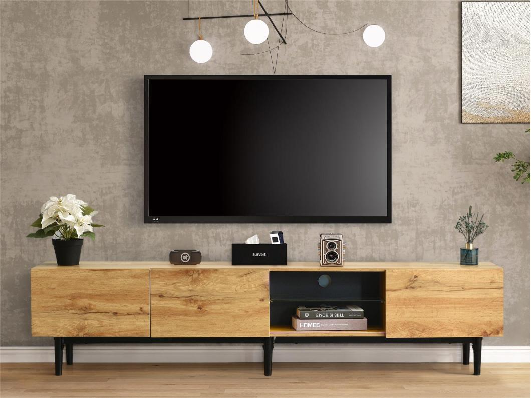 Meuble TV 175cm avec LED - 3 portes + 2 étagères - style industriel - Naturel