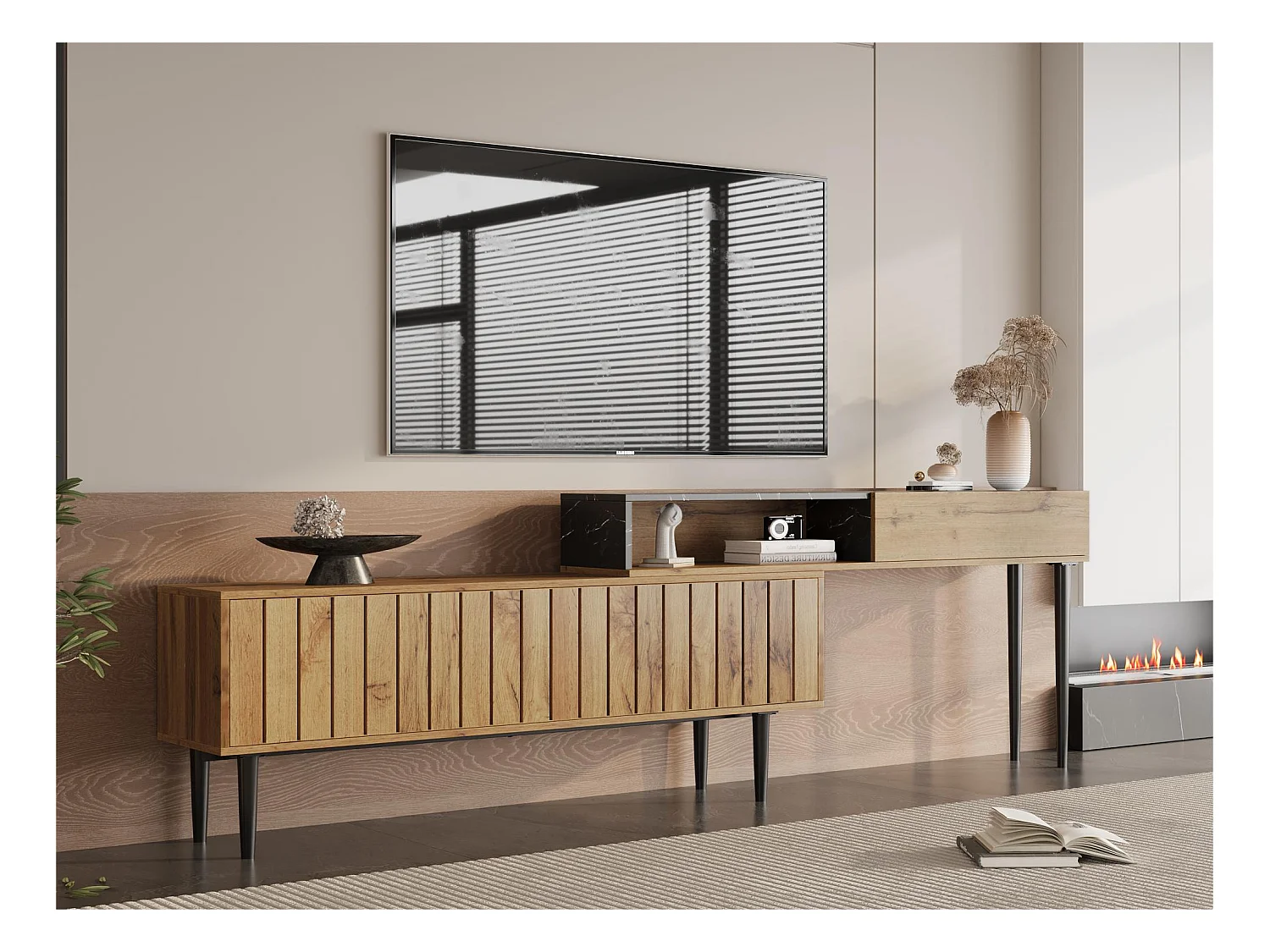 Meuble TV modulable - 4 compartiments - Noir & Naturel