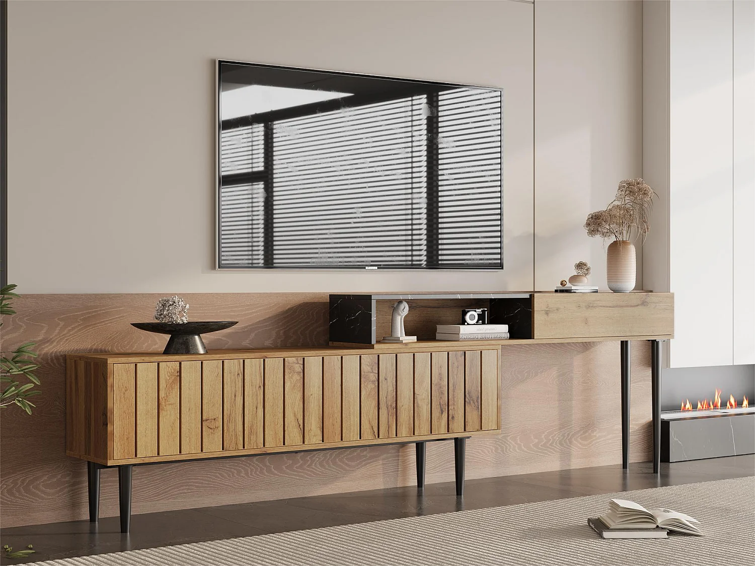 Meuble TV modulable - 4 compartiments - Noir & Naturel